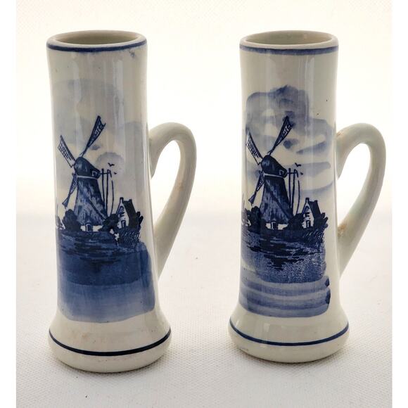DELFTS HOLLAND-Shot Glasses-Blue White-Windmill-Handles-Set of 2 - Picture 6 of 9